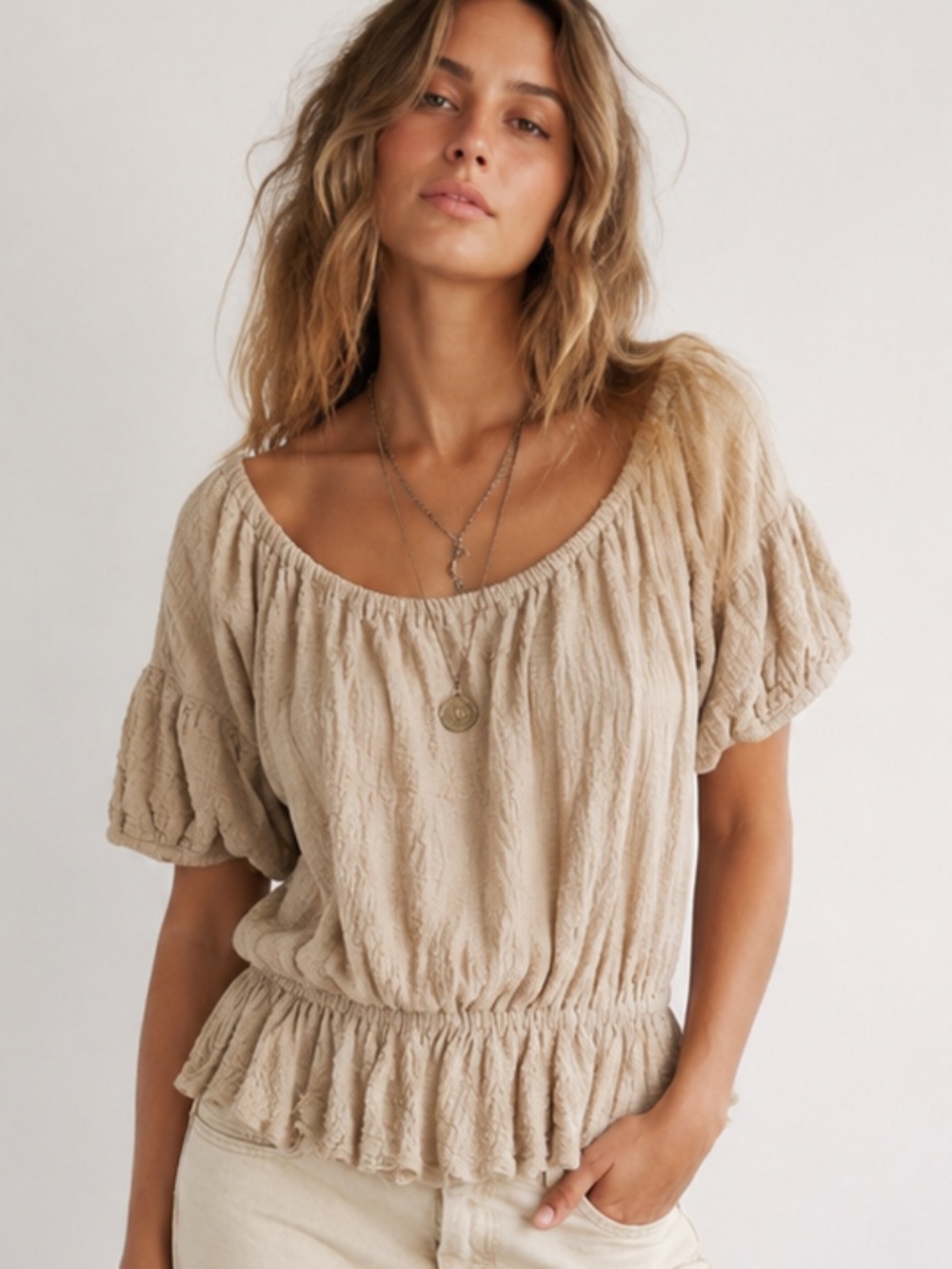 FREE PEOPLE Textured Beige Tan Gauze Off-The-Shoulder Peplum Top Blouse Sz S EUC